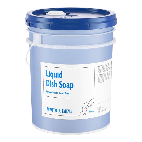 A 5-gallon pail of Advantage Chemicals concentrated liquid dish soap.