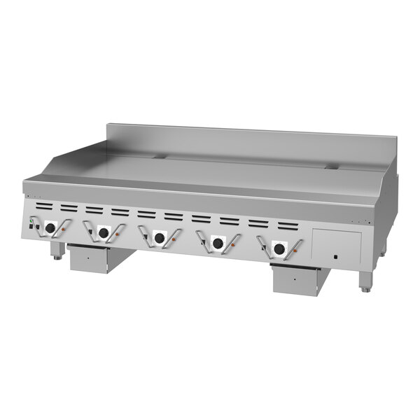 A large commercial electric griddle with multiple control knobs and a stainless steel finish.