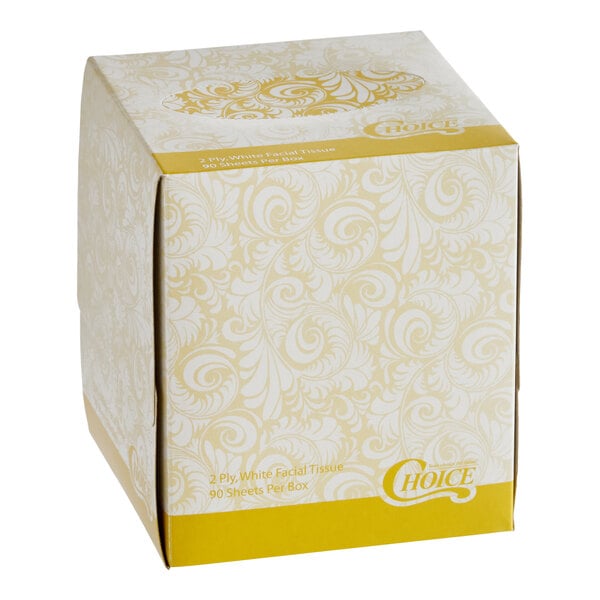 A cube-shaped box of Choice brand 2-ply facial tissues containing 90 sheets.