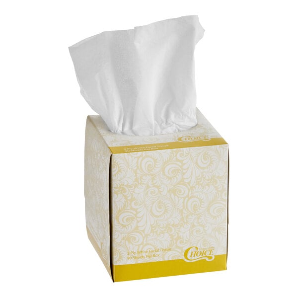 A cube-shaped box of Choice brand 2-ply facial tissues with tissues protruding from the top.