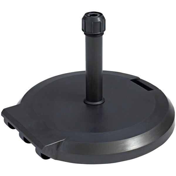 A black plastic umbrella base with wheels.