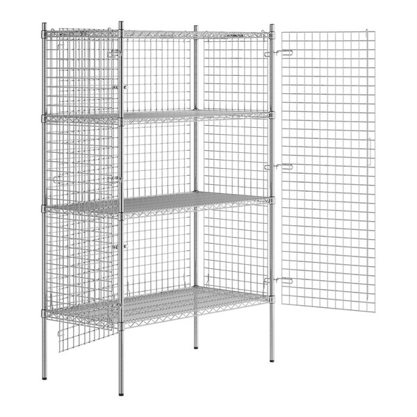 A Regency chrome wire security cage kit with shelves and a door open.