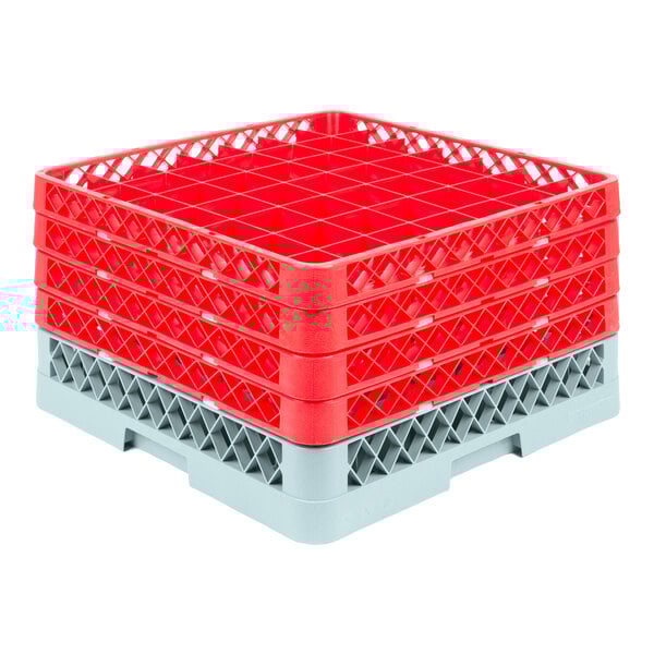 A gray full-size glass rack with 49 compartments and four red extenders.