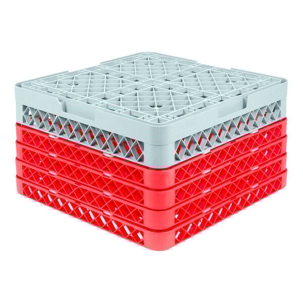 A gray full-size glass rack with four red extenders and 49 compartments.