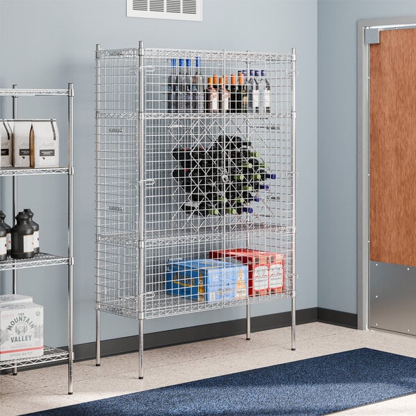 A Regency chrome wire security cage kit with bottles and boxes on the shelves.