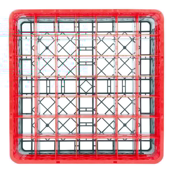 A gray plastic rack with red extenders and grids on it.