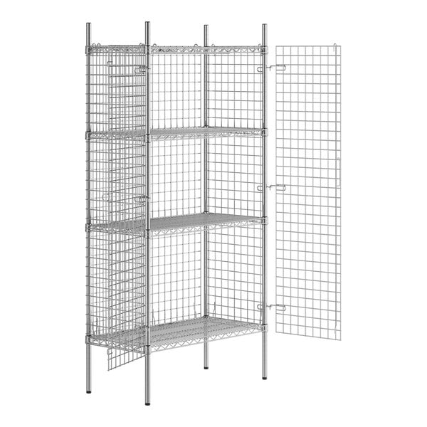 A Regency chrome wire security cage with shelves and doors.