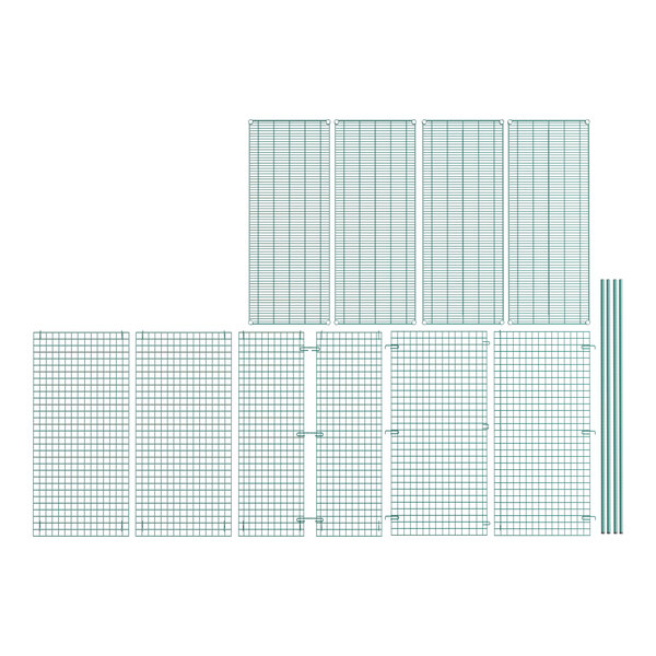 A group of green wire grids with poles.