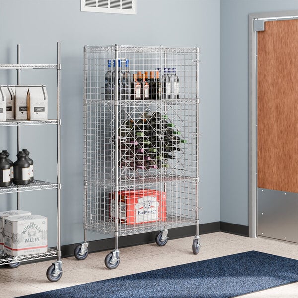 A Regency chrome wire security cage rack with wine bottles on it.