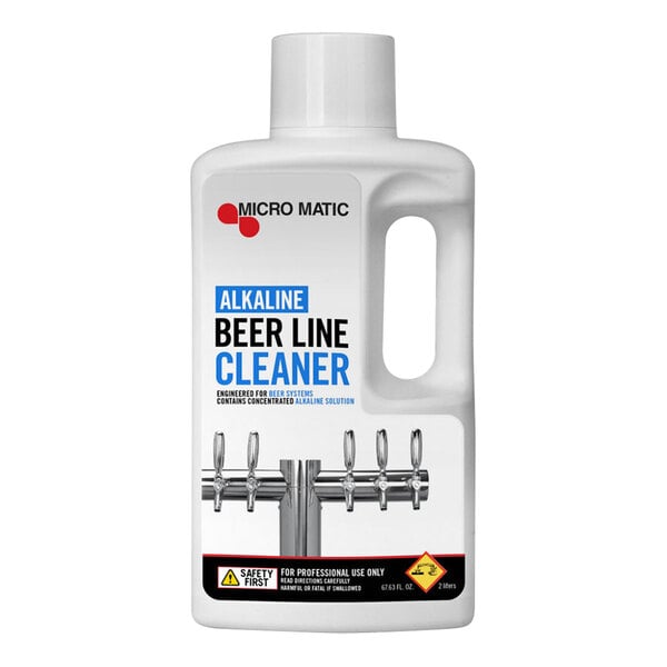 A white Micro Matic container of beer line cleaner with a label.