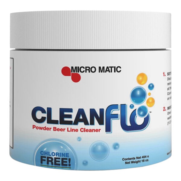 A white container of Micro Matic Clean Flo Powder with a white lid.