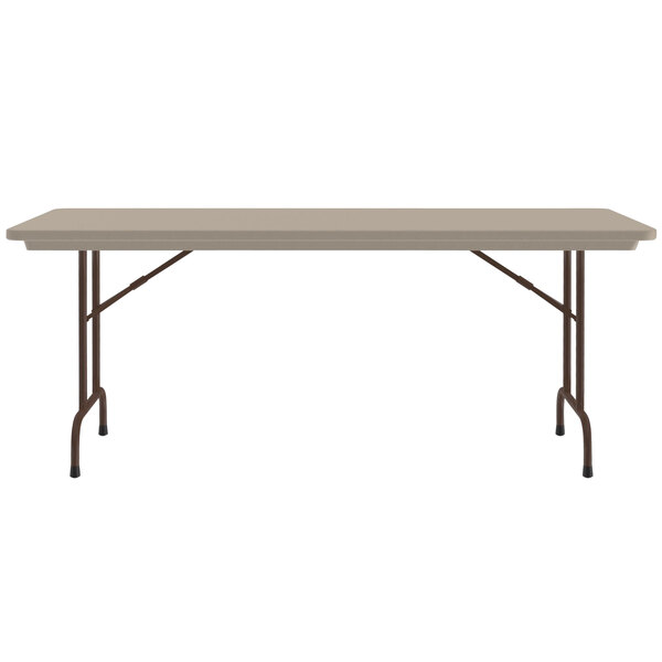 A Correll mocha granite rectangular folding table with metal legs.
