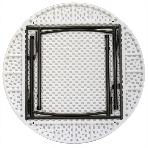 A gray granite plastic round table with black metal frame.