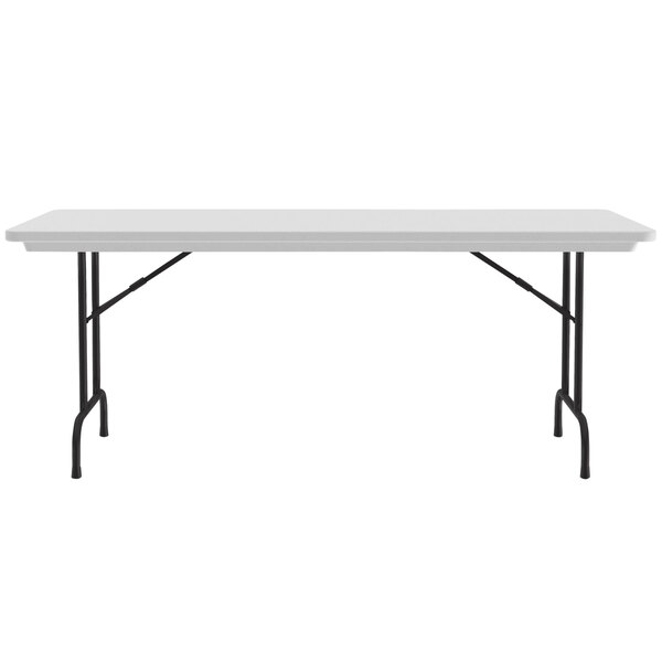 A gray granite Correll rectangular folding table with black legs.