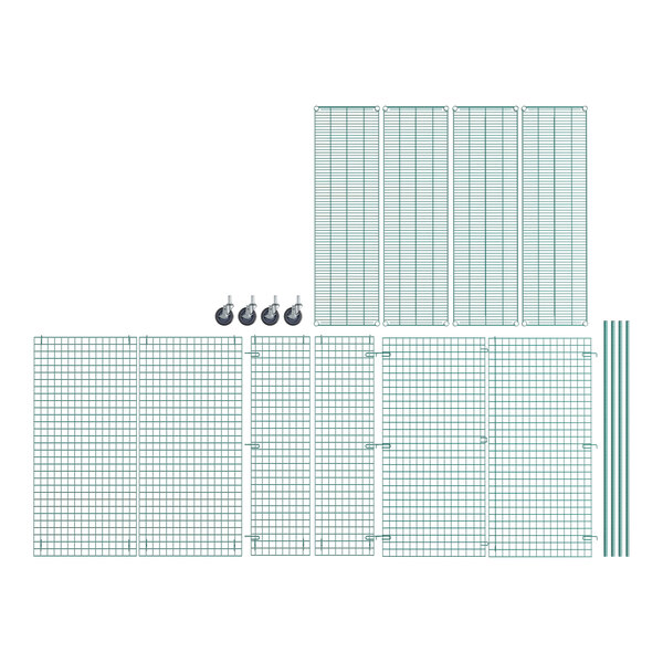 A row of green wire security cages with grid pattern.