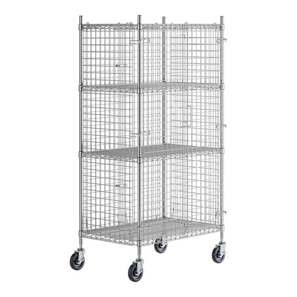 A Regency chrome wire security cage on wheels with four shelves.