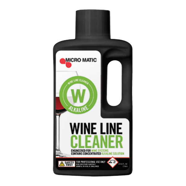 A black Micro Matic bottle of wine line cleaner with a white label and green logo.