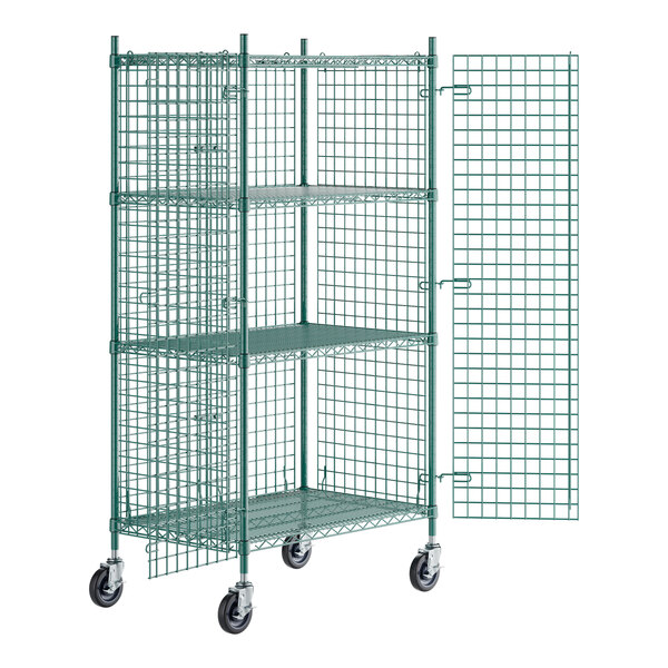 A Regency green wire security cage kit with wheels and an open door.