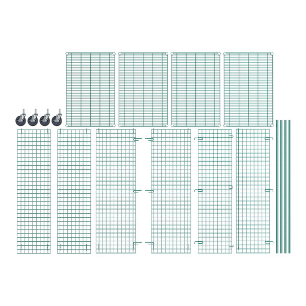 A Regency green wire security cage kit with grid panels and metal rods.