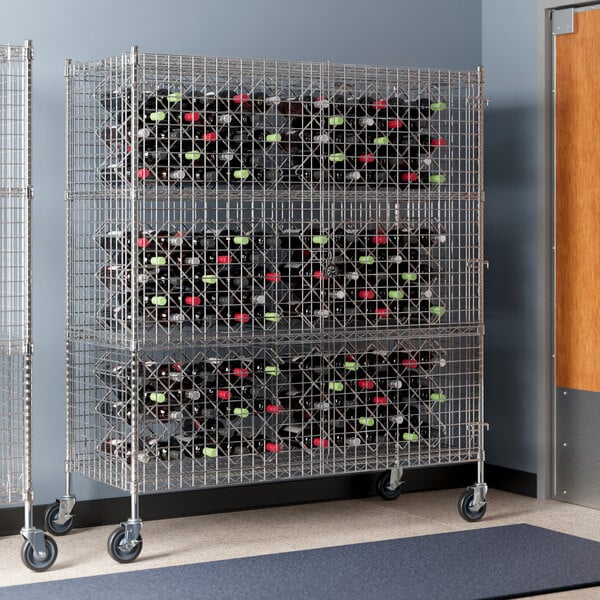 A Regency chrome wire security cage filled with wine bottles.