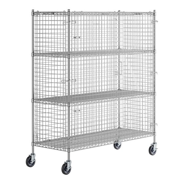 A Regency chrome wire mesh cart with wheels.