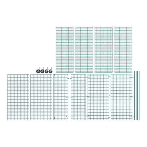 A white grid wall with green Regency wire security cages.