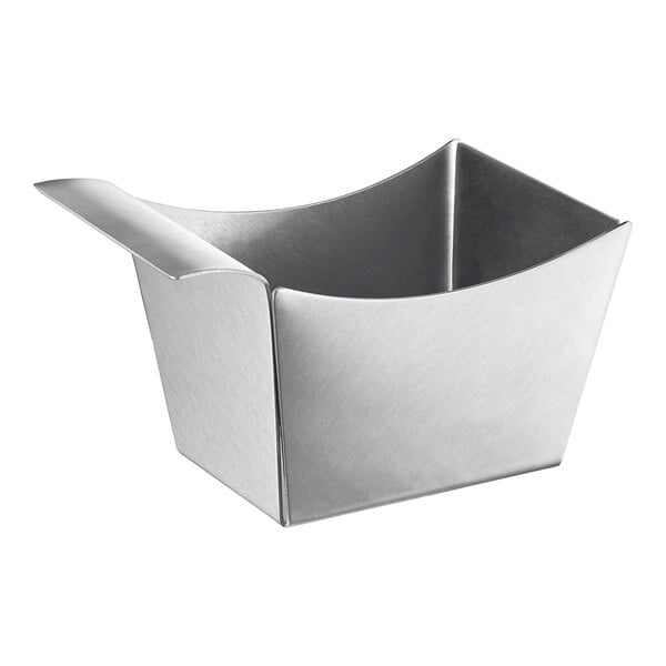 A Tablecraft stainless steel rectangular basket with a handle.