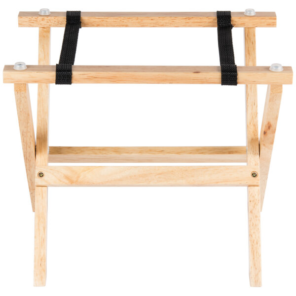 A Tablecraft mini table tray stand with a natural finish and black straps.