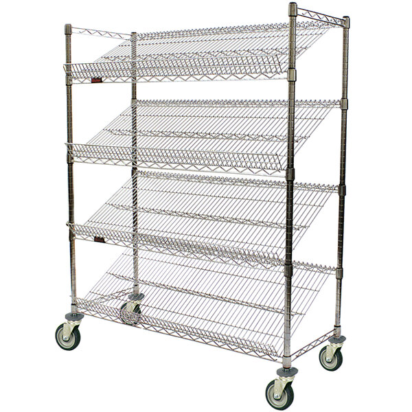 A chrome metal Eagle Group angled merchandising cart with four shelves on wheels.