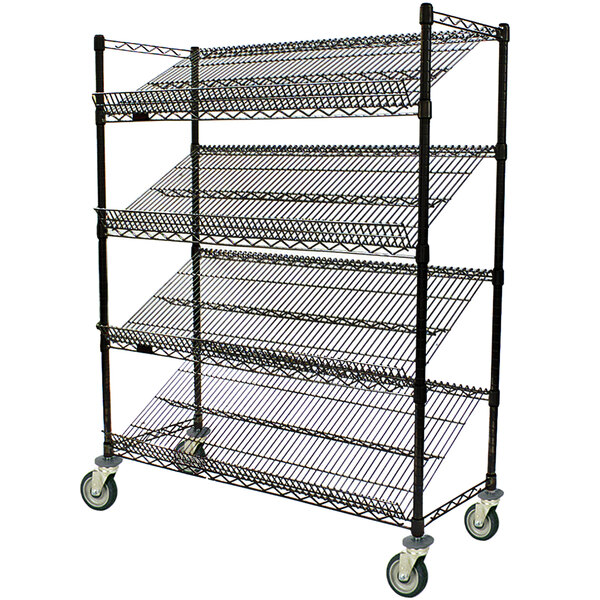 A black Eagle Group wire slant rack with wheels.