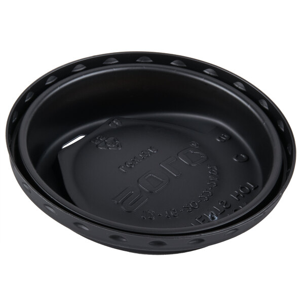 A Solo black plastic lid on a black plastic container.