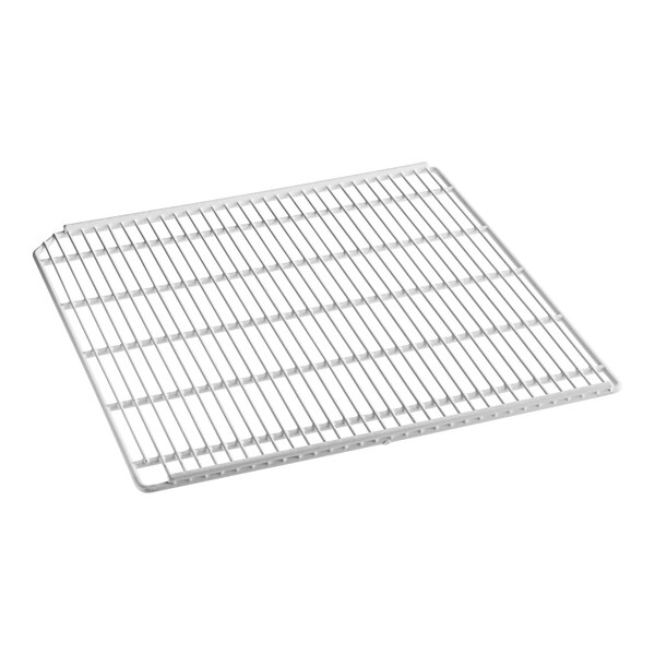 A close-up of a white metal grid on a Turbo Air left white coated wire shelf.