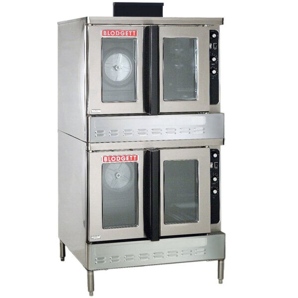 A stainless steel Blodgett double deck convection oven with two doors and two racks.