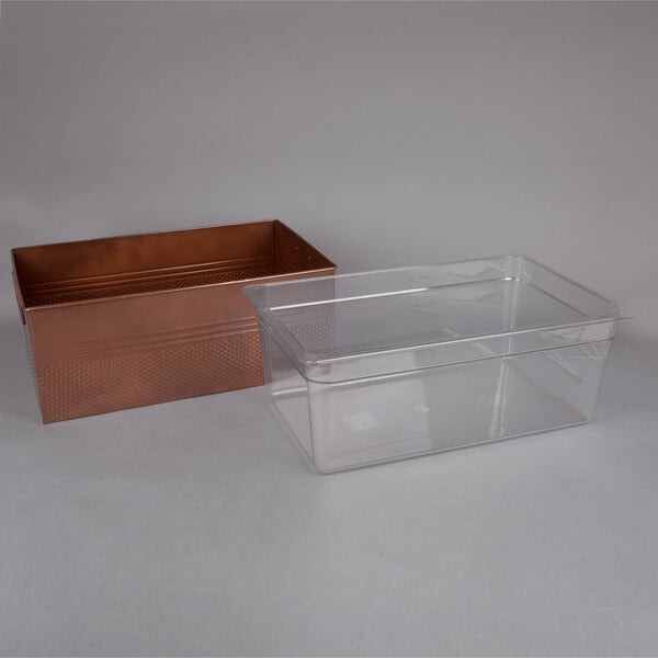 American Metalcraft Full Size Copper Rectangular Hammered Ice Display / Beverage Tub with Clear Food Pan