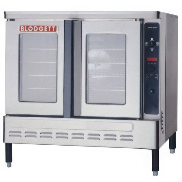A close-up of a Blodgett commercial convection oven with two glass doors.