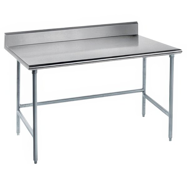 An Advance Tabco stainless steel work table with an open base and rectangular top.