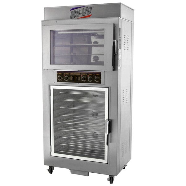 A NU-VU double deck electric oven proofer combo with glass doors.