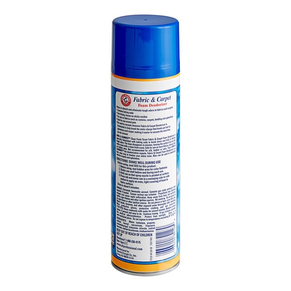A can of Arm & Hammer Fabric & Carpet Deodorizer spray with a blue label.