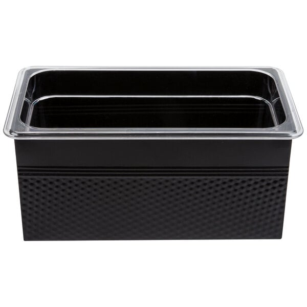 An American Metalcraft black rectangular hammered ice display with a clear food pan inside.