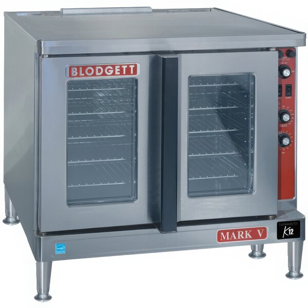 A Blodgett Mark V-200 Premium Series full size commercial electric convection oven with two glass doors.