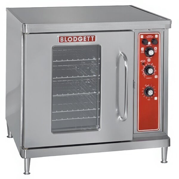 A large stainless steel Blodgett electric convection oven with red and black knobs.