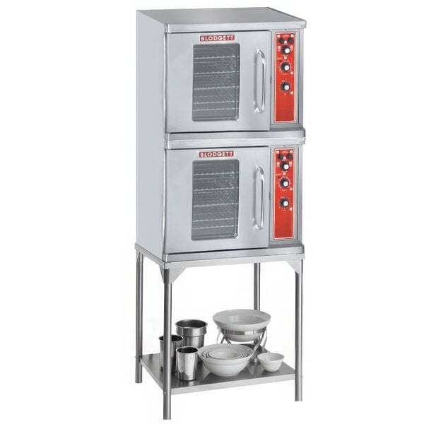A Blodgett double deck commercial convection oven with two racks in it.