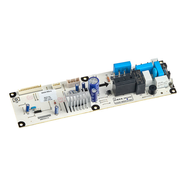 A close-up of a white electronic board with blue and black components.