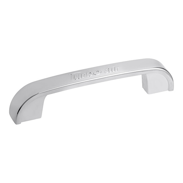 A chrome Turbo Air lid handle with silver text on it.
