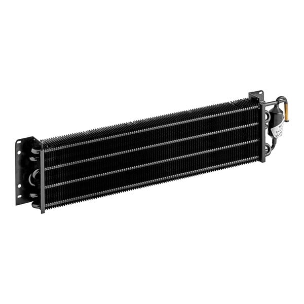 A close-up of a black Turbo Air evaporator coil.