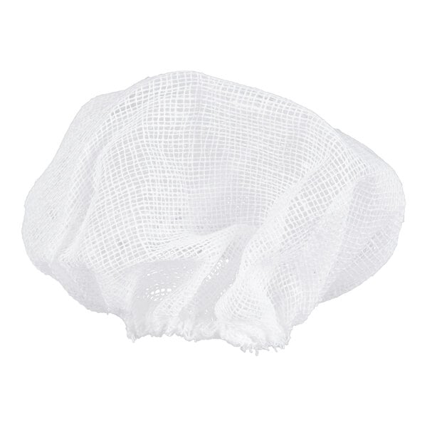 A white, loosely woven mesh bag with an elastic opening, displayed against a plain background.