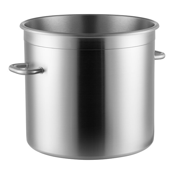 A large silver stainless steel bowl with handles.