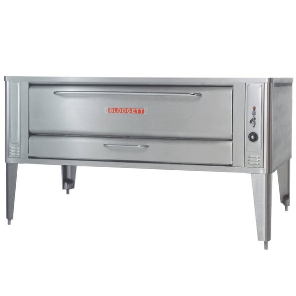 A stainless steel Blodgett pizza deck oven with legs.