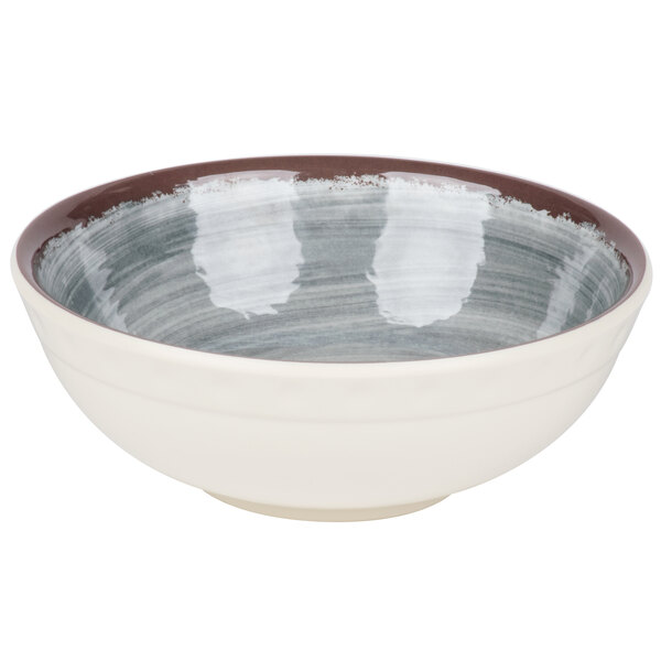 A white Carlisle melamine bowl with a brown rim.