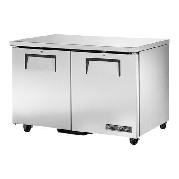 A silver True TUC-48-HC undercounter refrigerator on wheels.